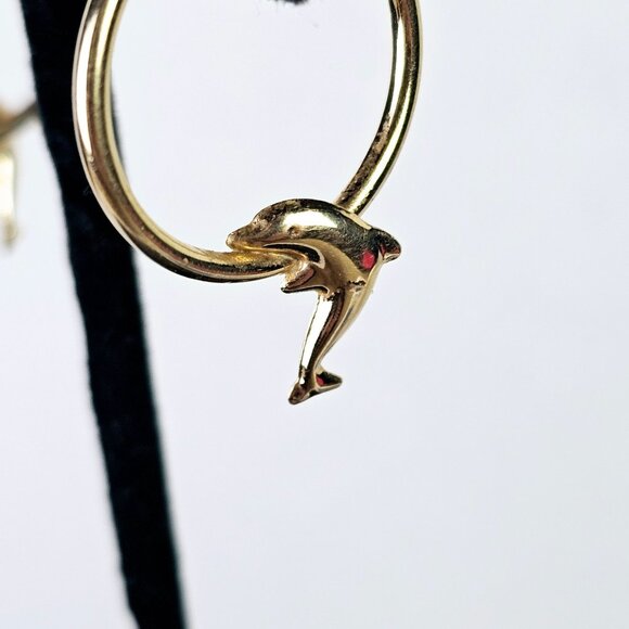Vintage Hoop Jumping Dolphin Tube, 10K Signed AAJ, Polished Pierced Ear Earrings - Picture 2 of 5